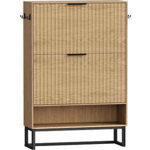 Akxomel 31.5" W Fluted Shoe Storage Cabinet, Narrow Hidden Shoe Rack Cabinet with Metal Legs, Narrow Shoe Organizer, 2 Flip Drawers, for Entryway, Hallway, Living Room, Natural Oak