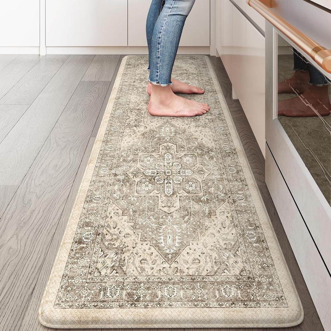 KIMODE Anti Fatigue Kitchen Mat, Cushioned Boho Vintage Kitchen Runner, Non Slip Memory Foam Kitchen Mat for Floor, Waterproof Standing Desk Mat for Laundry Office Sink Brown 20"x32" (20" x 32"--0.47 inches, Boho Brown/Multi)