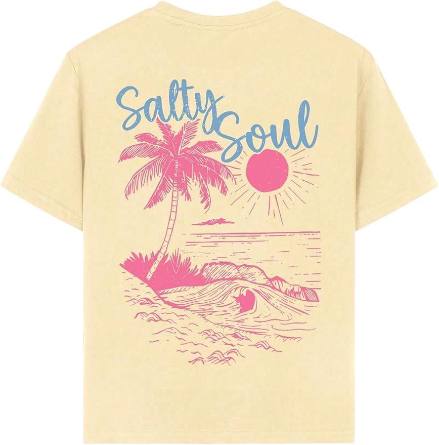 QJQ Girl's Cute Graphic T Shirts Short Sleeve Crewneck Tees Summer Tropical Trendy Preppy Tops Clothes Apricot Beach 9 Years