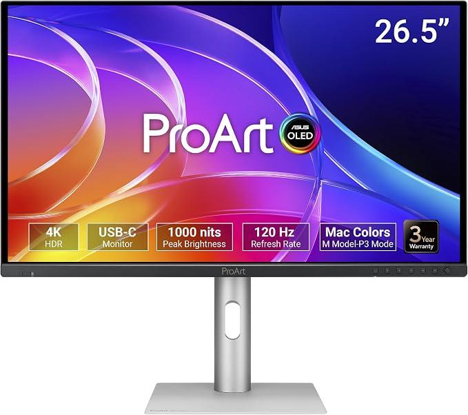 ASUS ProArt Display 27" 4K OLED USB-C Professional Monitor (PA279CDV) – QD-OLED, 120Hz, HDR10, 99% DCI-P3, ΔE < 1.5, Calman Verified, USB-C (96W PD), AutoKVM, Ergonomic Stand, Mac