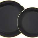 KIRE 100PCS Black and Gold Plates - Black Plastic Plates Disposable with Gold Rim Include 50Pcs 10.25inch Dinner Plate and 50Pcs 7.5inch Dessert/Salad Plate for Party/Wedding/Birthday/Graduation