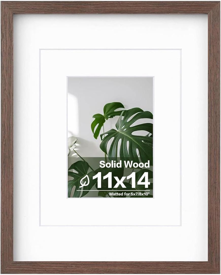 Egofine 11x14 Picture Frame Made of Solid Wood with Plexiglass, Display Pictures 5x7/8x10 with Mat or 11x14 Without Mat for Tabletop and Wall Mounting, Rustic Brown
