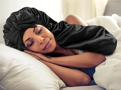 1pcs Long Satin Bonnets with Tie Band, Large Braid Bonnet Silky Hair Cap for Locs Women Sleeping, J (J - Black)