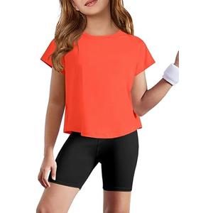 ZDC Girls Athletic Yoga Shirts Summer Short Sleeve Quick Dry Crop Tops Basic Gym Tees Bright Orange, Size 150 