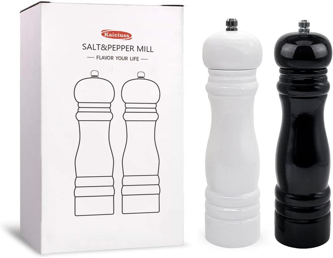 Wooden Pepper Mill Grinder Set, Salt & Pepper Mills, Shakers, & Sets, Grinder Set of 2 Wooden, Rubber Wood, Black and White