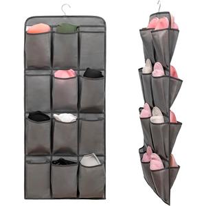 Dual Sided Hanging Shoe Organizer for Closet with 24 Large Pockets Hanging Shoe Rack Holder with Rotating Hanger (GREY)