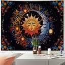 Hippie Sun and Moon Tapestry Wall Hanging for Bedroom Aesthetic, Boho Bohemian Hippy Mystic Floral Tapestries, Mandala Floral Backdrop Decor for Living Room Dorm (51"X60")