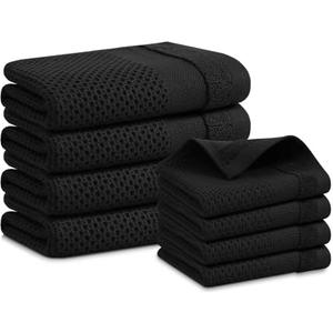 Homaxy Kitchen Towels and Dishcloths Set, 12 x 12 and 13 x 28 Inches, Set of 8 100% Cotton Waffle Weave Kitchen Towels, Super Soft and Absorbent Dish Cloths, Black