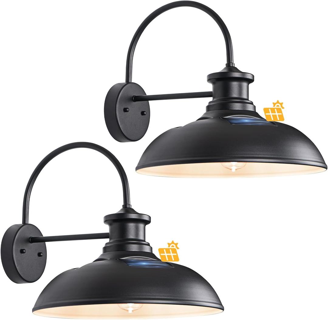 16" Extra Large Solar Barn Light for Outside, Dusk to Dawn Gooseneck Farmhouse Barn Lights, Waterproof Black Outdoor Wall Light Solar Powered for House Garage Patio, 2-Pack
