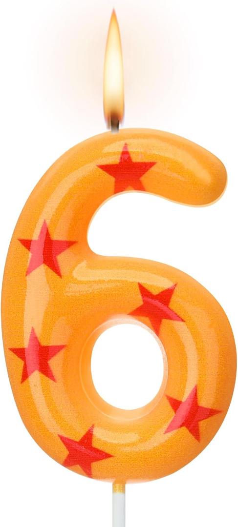 Conelist Number 6 Anime Theme Dragon Birthday Candle Yellow and Red Stars Print Candle Numeral Cake Topper for Boys' and Husband Theme Birthday Decoration Supplies