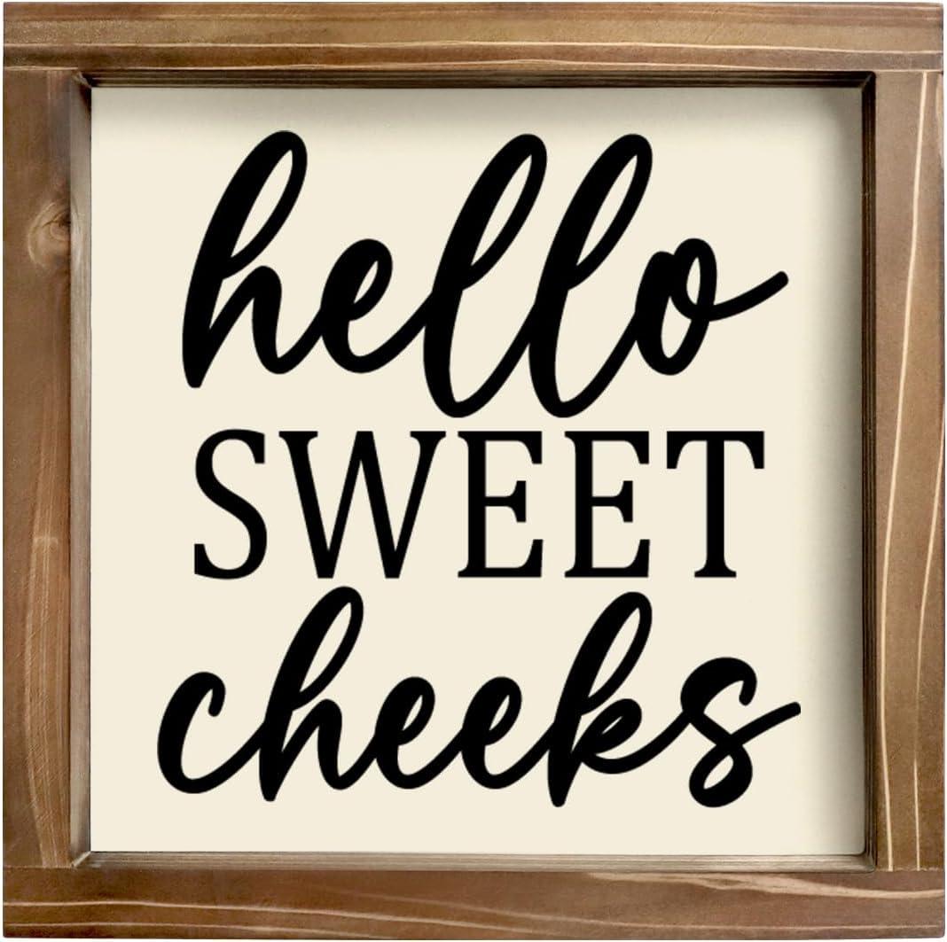 Kas Home Rustic Farmhouse Bathroom Decor - Cute 'Hello Sweet Cheeks' Wooden Sign, Funny Wall Hanging Plaque for Restroom, Toilet Shelves Accessory, Ideal for Apartment & Home (White-HS)