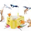 3-in-1 Automatic Cheese-Shaped Interactive Cat Toy  Flying Bird, 6-Hole Mole & Rotating Feather | USB Rechargeable Electronic Feather Toy for Indoor Adult Cats & Kittens, Relieves Boredom (yellow)