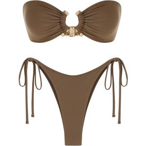 ZAFUL Metal Ring Bandeau Bikini Set Tie Side Bathing Suit High Cut 2 Piece Swimsuit Cutout Swimwear (X-Small, Matte Deep Coffee)