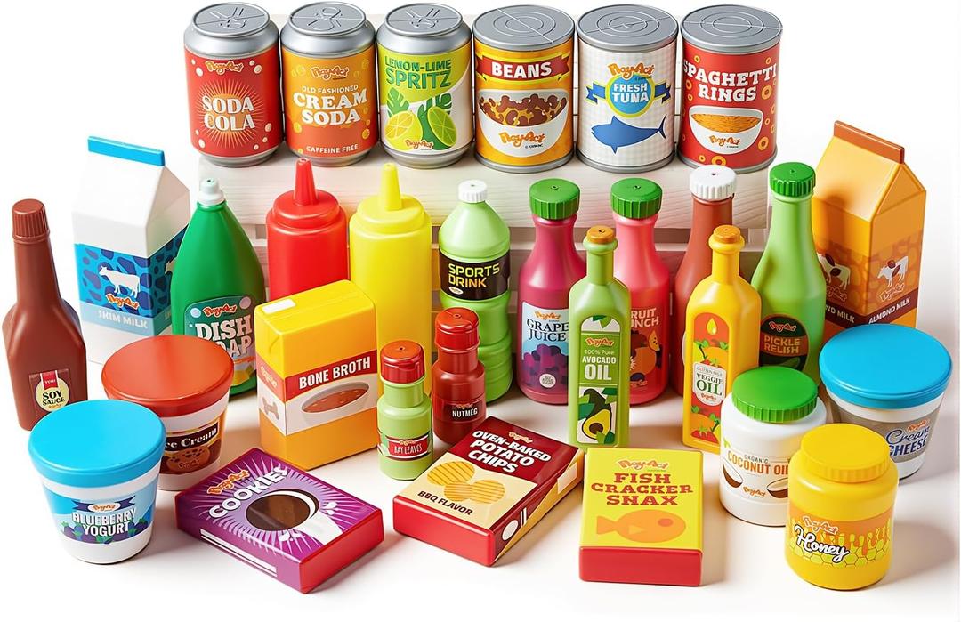 JOYIN 30Pcs Play Food Grocery Cans, Play Kitchen Accessories, Includes Drink, Juice, Jar, Seasoning, Water Bottle, Sauce, Yogurt, Ice Cream, Snack Box, Kids Gifts & Indoor Toys