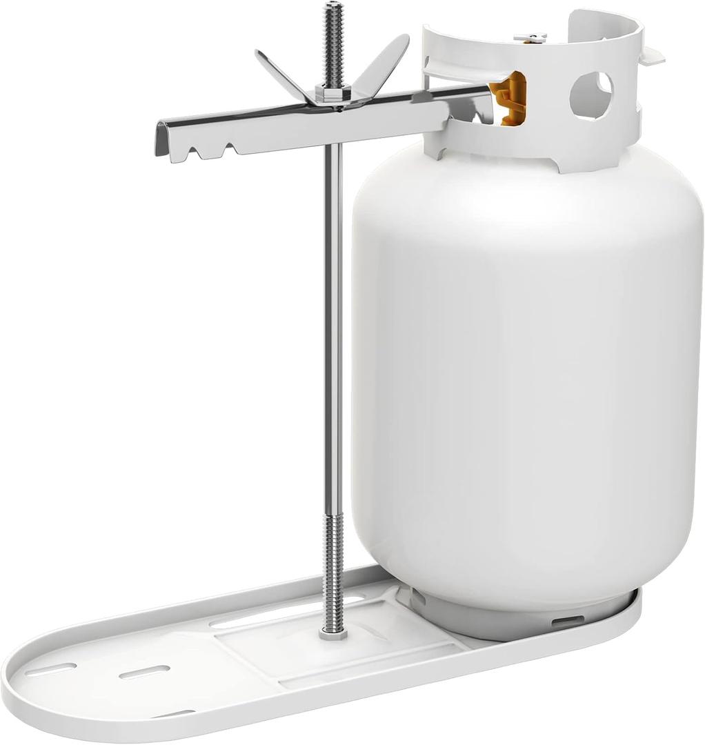 RVGUARD RV Dual Propane Tank Mounting Rack for 30lbs Tanks, White, Dual RV Propane Tank Cylinder Rack for Travel Trailer Hitch Frame