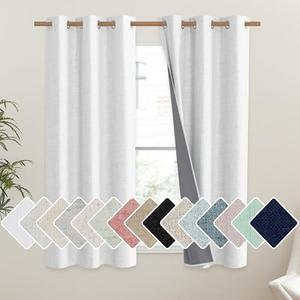 NICETOWN 100% Absolutely Blackout Linen Curtains with Thermal Insulated Liner, Greyish White, 42" Wide, 54" Length Energy Saving Curtains for Dining Room 2 Panels Set, Vertical Blinds
