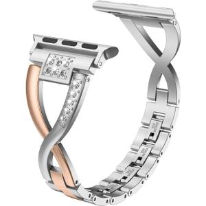 Wearlizer Bling Band Compatible with iWatch Strap 38/40/41/42mm Womens 2-color Matching Deep Rose Gold X-link Rhinestone Metal Dressy Bracelet for iWatch Series 11 10 9 8 7 6 5 4 3 SE/Ultra 3 2 1