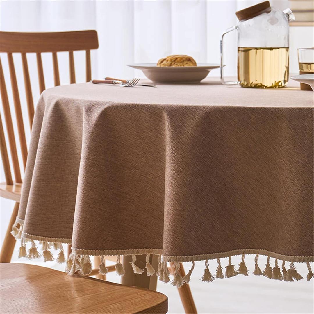 Linen Textured Round Tablecloth with Tassel - Waterproof Spill Proof Table Cover for Kitchen Dining Tabletop Decoration, Light Brown, Round - 48 inch