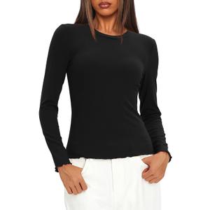 Darong Long Sleeve Tops for Women Basic Fitted Shirts | slim fit, crew neck, fall tshirt, ribbed knit, undershirt, soft material,lettuce edge, stretch (Black, M)