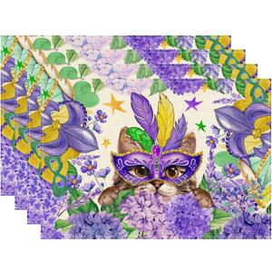 3 x XCHI Mask Cat Iris Fleur De Lis Flowers Mardi Gras Placemats Set of 4 Carnival Table Mats for Masquerade Party Home Kitchen Dining Table Decorations 12x18 Inch