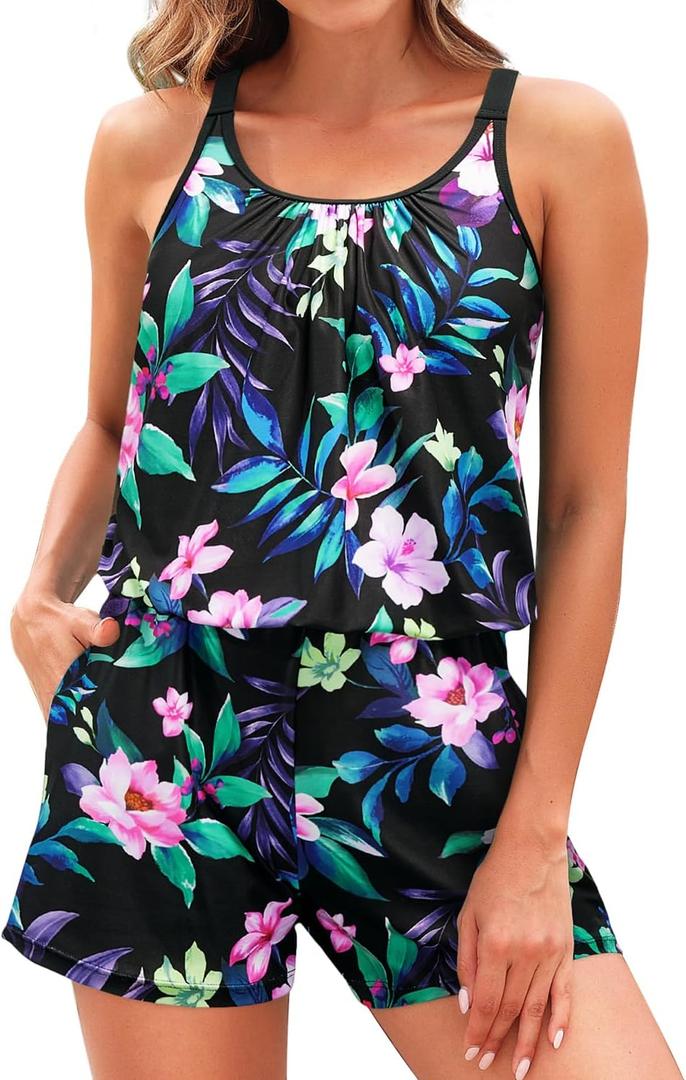 Tempt Me Romper One Piece Swimsuits with Short - Women Boyleg with Pockets Bathing Suit Modest Swimwear (X-Large, Black Purple Floral)