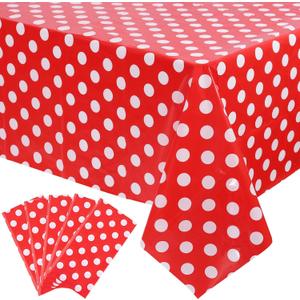 Kesfey 5 Packs Red Polka Dot Plastic Tablecloth 54 x 108 Inch Mickey Mouse Table Cloths Waterproof Disposable Red Picnic Table Covers Rectangle Red and White Dot Carnival Tablecloth for Birthday Party
