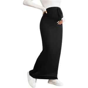 SHENHE Women's Maternity Skirt Knit Adjustable Waist Drawstring Maxi Skirt (Black, L)