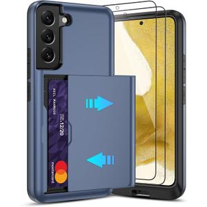 Sliding Card Holder Case for Samsung S22 | Hidden Slot Cards | 2 Screen Protectors | Shockproof & Anti-Slip Protective Wallet Cover | Durable Dual-Layer Design for Galaxy S22,Blue