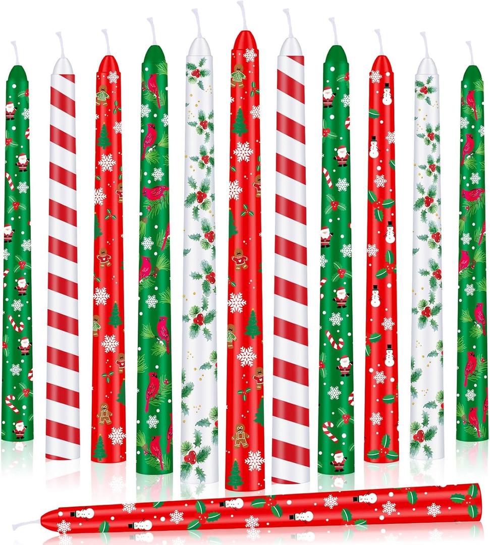 12 Pcs Christmas Taper Candles 10" Long Taper Candlesticks Unscented Christmas Candle Decorations for Holiday Party Gift Home Decor(Classic)