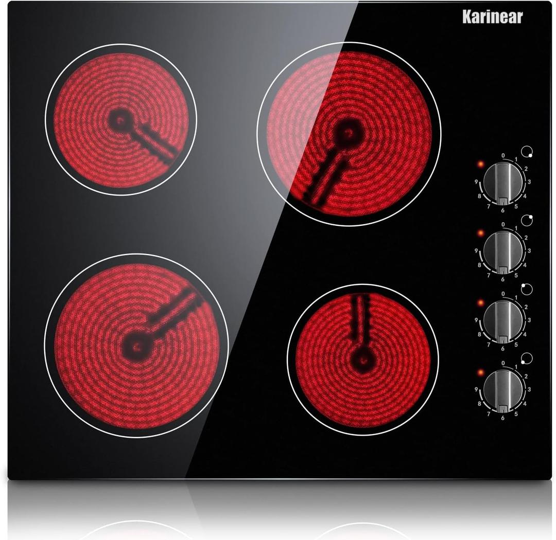 Karinear 4 Burner Electric Cooktop 24 Inch, Built-in Stove Top, 220-240v Radiant Cooktop with Knob Control, Residual Heat Indicator, Over-Temperature Protection, Hard Wire(No Plug)