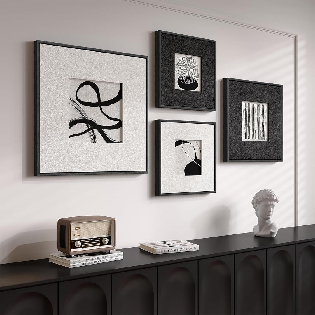 3D Textured Framed Black and White Abstract Wall Art for Living Room, 4 Piece Modern Artwork for Walls, Black White Minimalist Wall Paintings for Hallway Office Wall Decor (24x24"+16x16"(2)+20x20", Balanced Chaos)