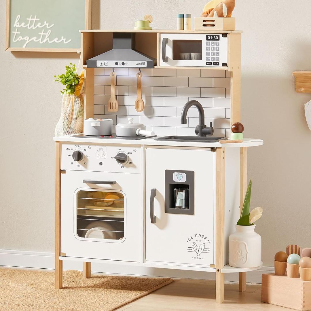 Tiny Land Play Kitchen for Kids, Wooden Kids Play Kitchen Playset Chef Pretend Play Set for Toddlers with Real Lights & Sounds, Toys Kitchen with 18 Pcs Toy Food & Cookware Accessories (White)