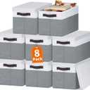 Extra Large Storage Baskets with Lids 8 Pack, 33 QT Blanket Basket for Organizing/ Stackable Decorative Closet Organizers and Storage Box for Clothes Towels/ Toy Organizers Bins with Handles/ 16x12 (White with Grey)