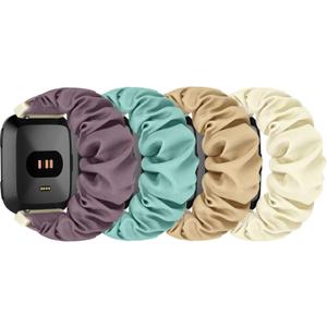 Scrunchie Watch Bands for Fitbit Versa/Versa 2 / Versa Lite/Versa SE Women Men, Replacement Soft Nylon Stretchy Wristband For Fitbit Versa Smart Watch (Milk tea+Green+Starlight+Smoky Purple) Medium