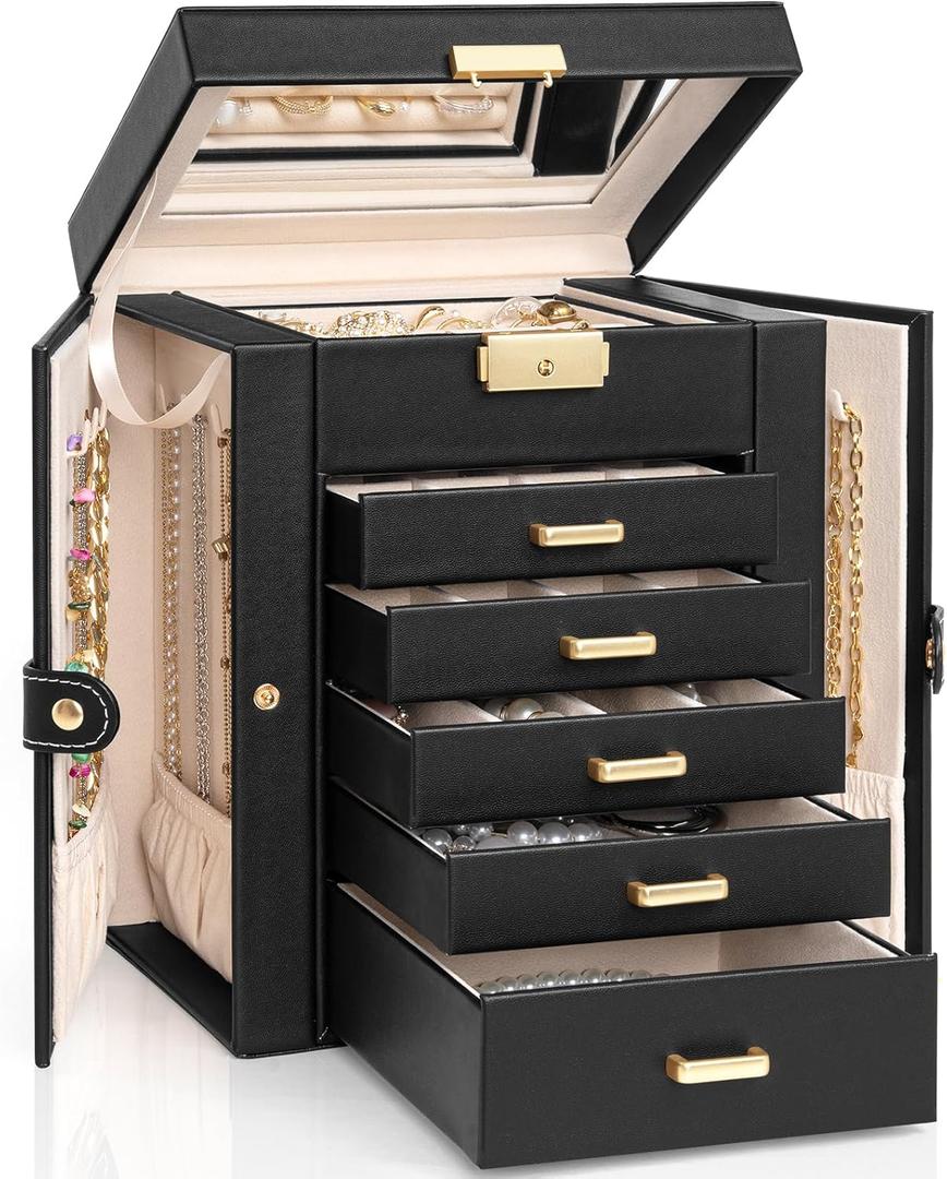 AKOZLIN 6-Tier Jewelry Box Lockable Leather Jewelry Storage Case with 5 Drawers for Women Girls Ring Necklace Earring Bracelet Holder Organizer with Mirror (Regular-6 Layer, Black-gold)