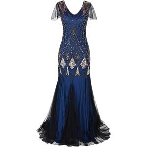 Women Vintage 1920s Gatsby Flapper Evening Party Dress V Neck Art Deco Sequins Mermaid Hem Cocktail Formal Long Maxi Gown (Medium, Blue)
