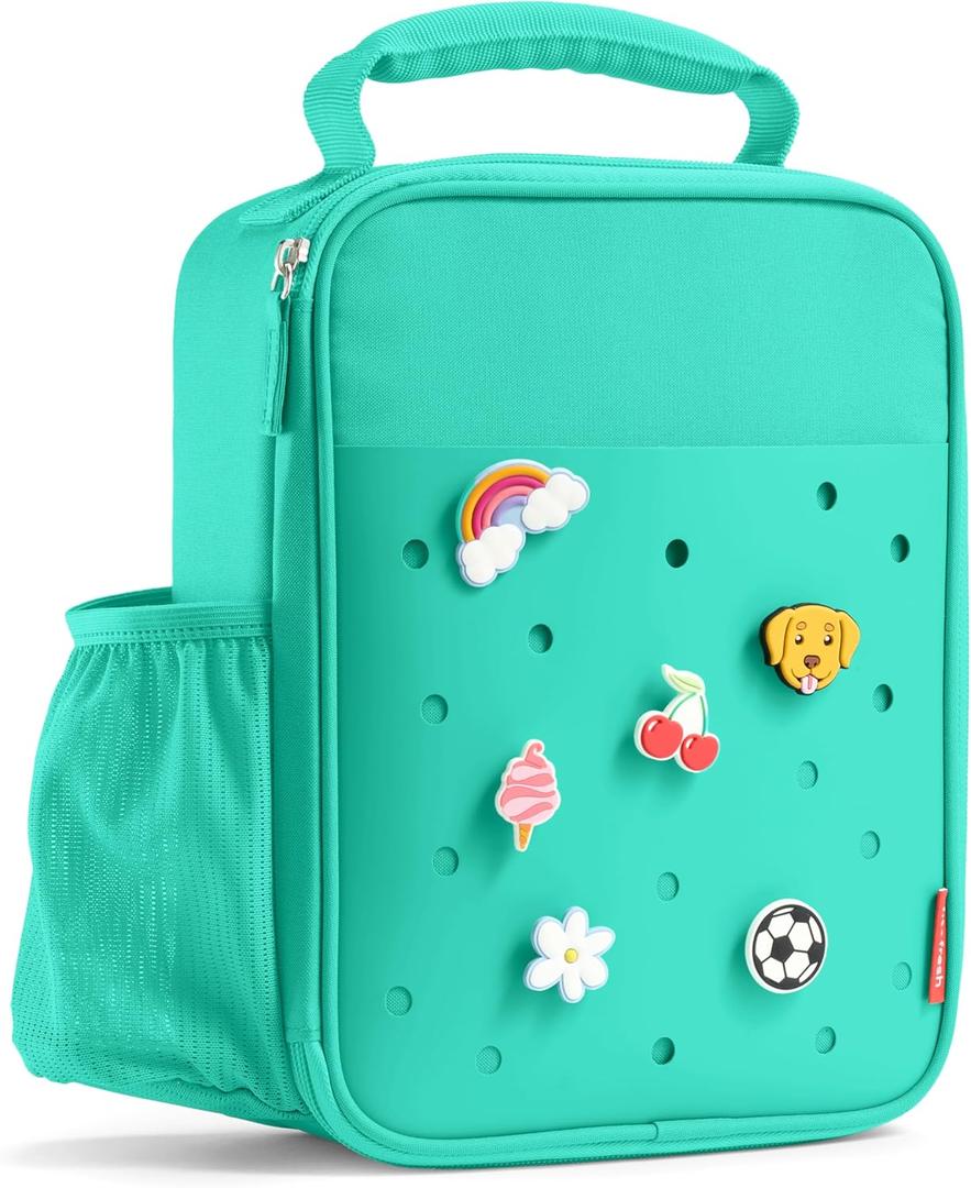 Fit & Fresh Lunch Box For Kids, Boys & Girls, School, Camp, Insulated Bag With Shoe Charm Slots For Personalization, Teal