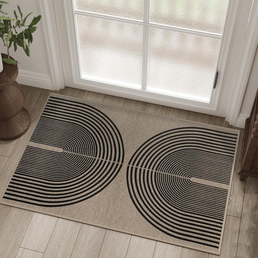 Easy Jute Rainbow Entryway Rug, 2x3 Washable Non-Slip Indoor Outdoor Doormat, Black Nature Boho Farmhouse Small Kitchen Rug Modern Abstract Throw Rugs for Entrance Bedroom Bathroom