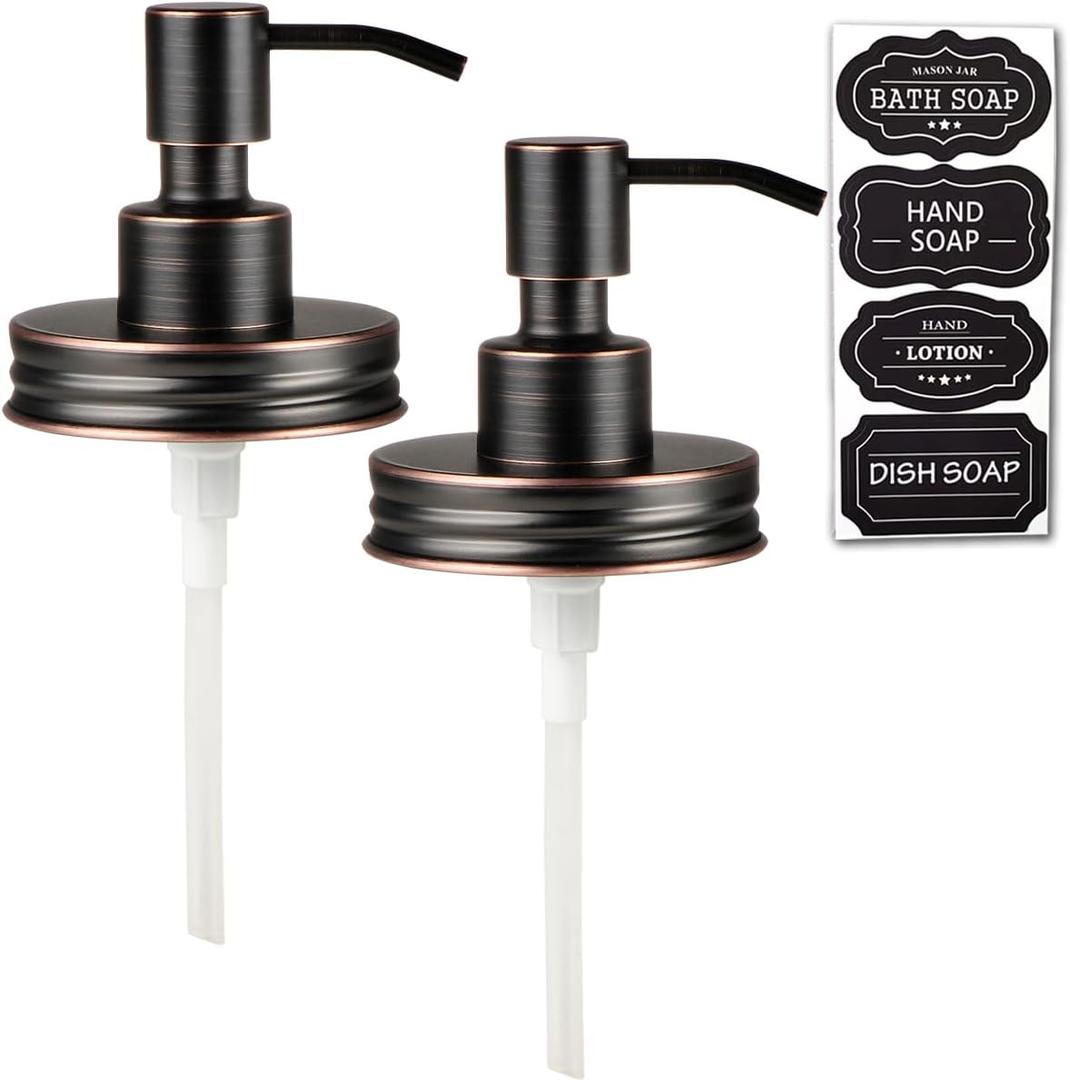 Amolliar Mason Jar Liquid Soap Dispenser Lid, Rust Proof Stainless Steel, Cute Farmhouse Decor for Kitchen, Bathroom, Bath, Refill Liquid Soap Pump for Hand Soap, Dish Soap, Lotion Soap, ORB 2 Pack