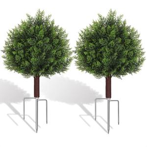 Suntee Artificial Cedar Topiary Trees with Ground Spike, 2 Pack Fake Bushes Topiary Trees Artificial Outdoor, UV Resistant Evergreen Outdoor Faux Plants for Garden Front Porch Decor (18.9in+7.1in)
