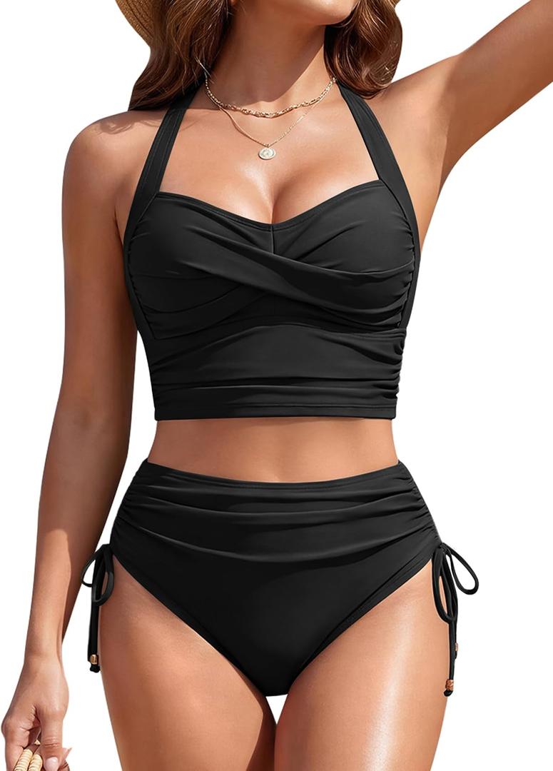 Blooming Jelly Womens High Waisted Bikini Sets Tummy Control Swimsuits Two Piece Swim Suits 2026 Modest Bathing Suits (Black, M)