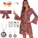 ATAMET 70's Women Costumes Hippie Dress, 1970s Outfits Accessories Set, 60s 70s Disco Prom Dress, Carnival Halloween Costumes (Brown)