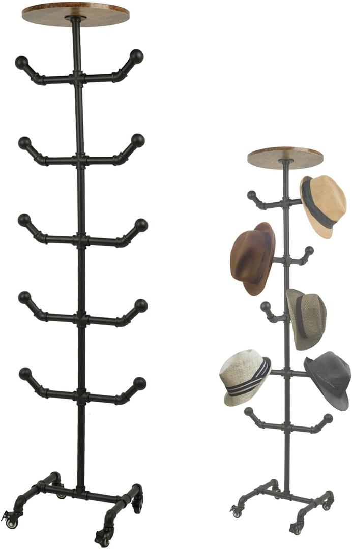 uyoyous Rustic Metal Pipe Hat Rack, Freestanding Hat Display Stand with Wheels, Industrial Hat Organizer Holds 10 Hats for Home Shopping Mall