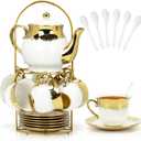 Porcelain Tea Set, Large Ceramic Tea Set for Adults with Metal Holder, 20 Pcs European Tea Cup Set, Luxury Adult Tea Sets Gift, Gold Trim Tea Cup Saucer Sets for Party Deco,1000ML (Gold Trim)