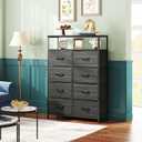 WLIVE Fabric Dresser for Bedroom with Open Shelves, Tall Dresser with 8 Drawers, Storage Tower with Fabric Bins, Chest of Drawers for Closet, Living Room, Hallway, Charcoal Black Wood Grain Print