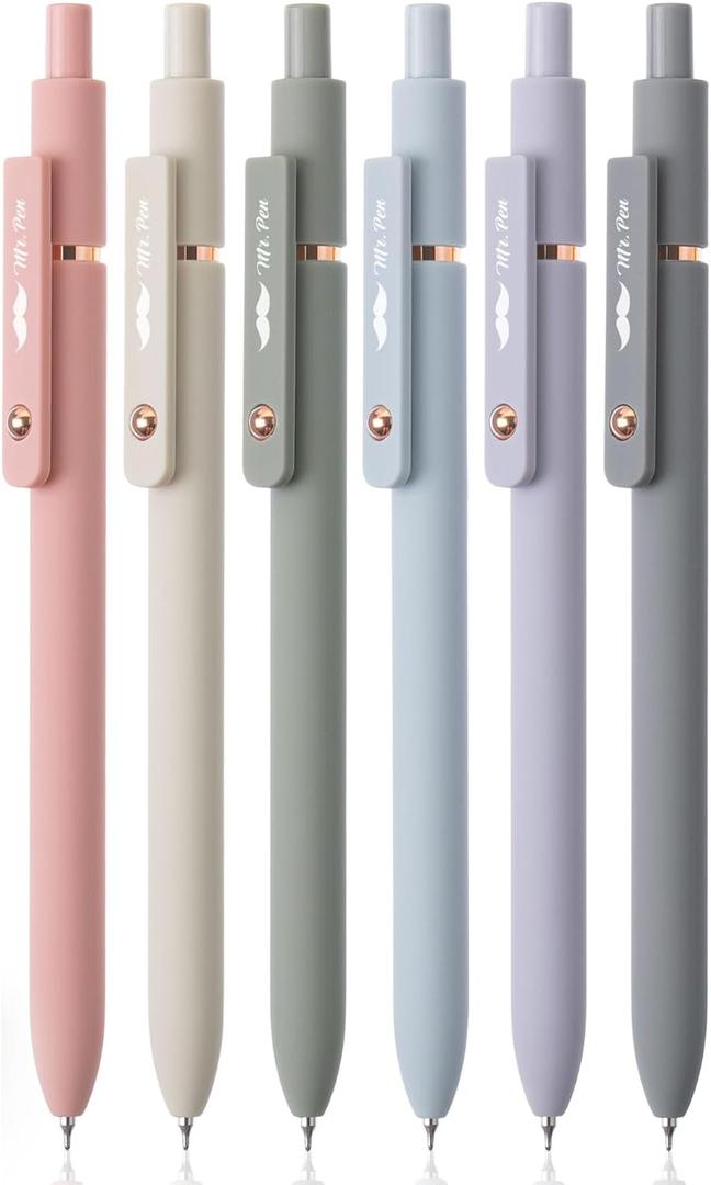 Mr. Pen- Retractable Gel Pens with Rose Gold Ring and Ball, 6 Pack, Morandi Barrels, Japanese Black Gel Pens, Fast Dry, Fine Point 0.5mm