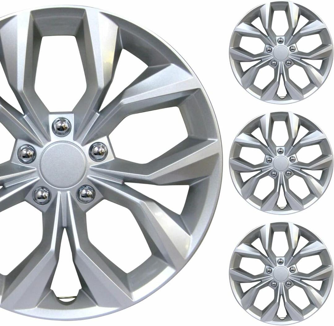 17" Universal Silver Metallic Car Wheel Cover/Hubcap Set | Replacement Snap On | Set of 4 | Universal Fit for 17 Inch Base Stock Rims