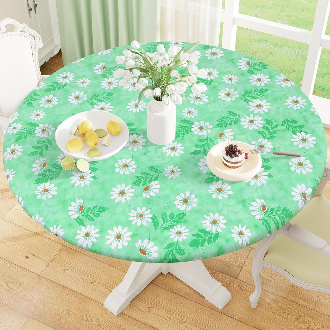 misaya Round Fitted Tablecloth with Elastic Edge, 100% Waterproof Oil Proof Plastic Table Cover, Vinyl Flannel Backed Tablecloth Fits 36"-44" Round Tables for Dinner, Outdoor, Picnic, Green Daisy