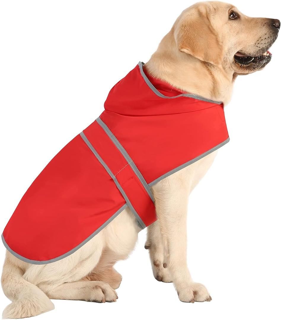 Dog Raincoat for Large Dogs Waterproof Jacket Hooded Rain Coats with Reflective Strips Leash Hole & Poncho Adjustable Fit (Red, Large)