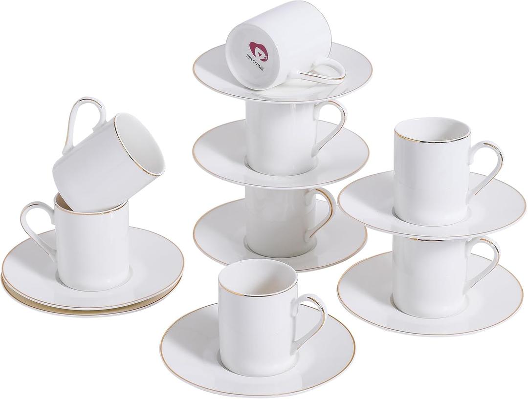 White Porcelain 8-Piece Espresso Cup Set - 3.3oz Demitasse Cups and Saucers Set, Elegant design with gold trim, Perfect for Espresso, Turkish Coffee, and Dessert Drinks, Gifts